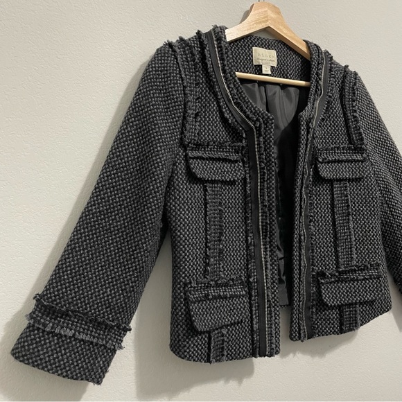 Hinge Cropped Wool Blazer Tweed Jacket Charcoal Gray Knit Woven Womrns Medium M - Picture 5 of 12